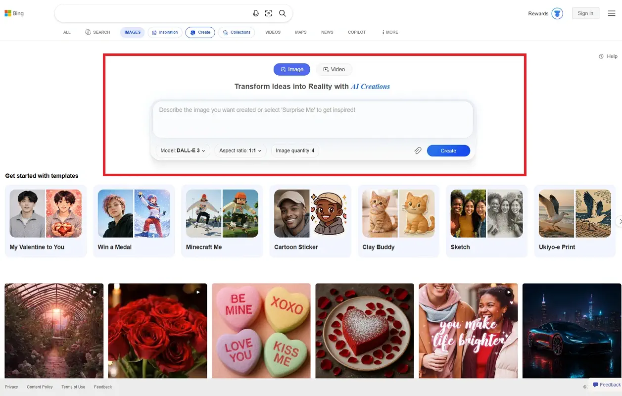 صفحه ارائه پرامپت برای ساخت تصویر در بینگ 