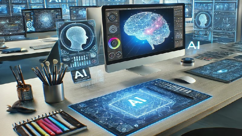 میز کار مدرن با مانیتور نمایش‌دهنده هوش مصنوعی