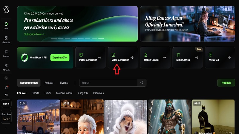 انتخاب بخش تولید ویدیو در پنل هوش مصنوعی Kling AI