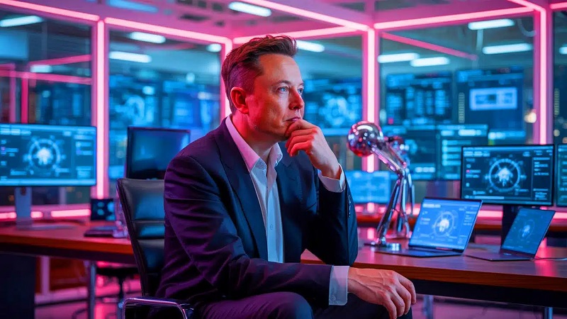 ایلان ماسک در مرکز کنترل آینده‌نگرانه در حال بررسی داده‌های هوش مصنوع