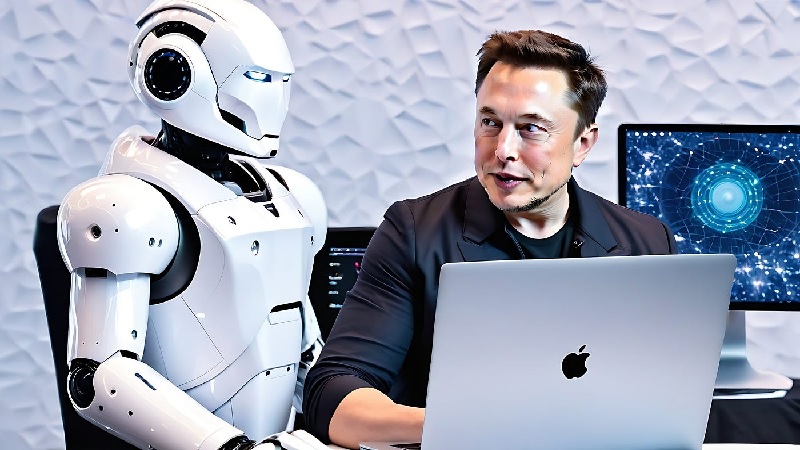 ایلان ماسک در کنار ربات انسان‌نمای پیشرفته، نمادی از توسعه هوش مصنوعی